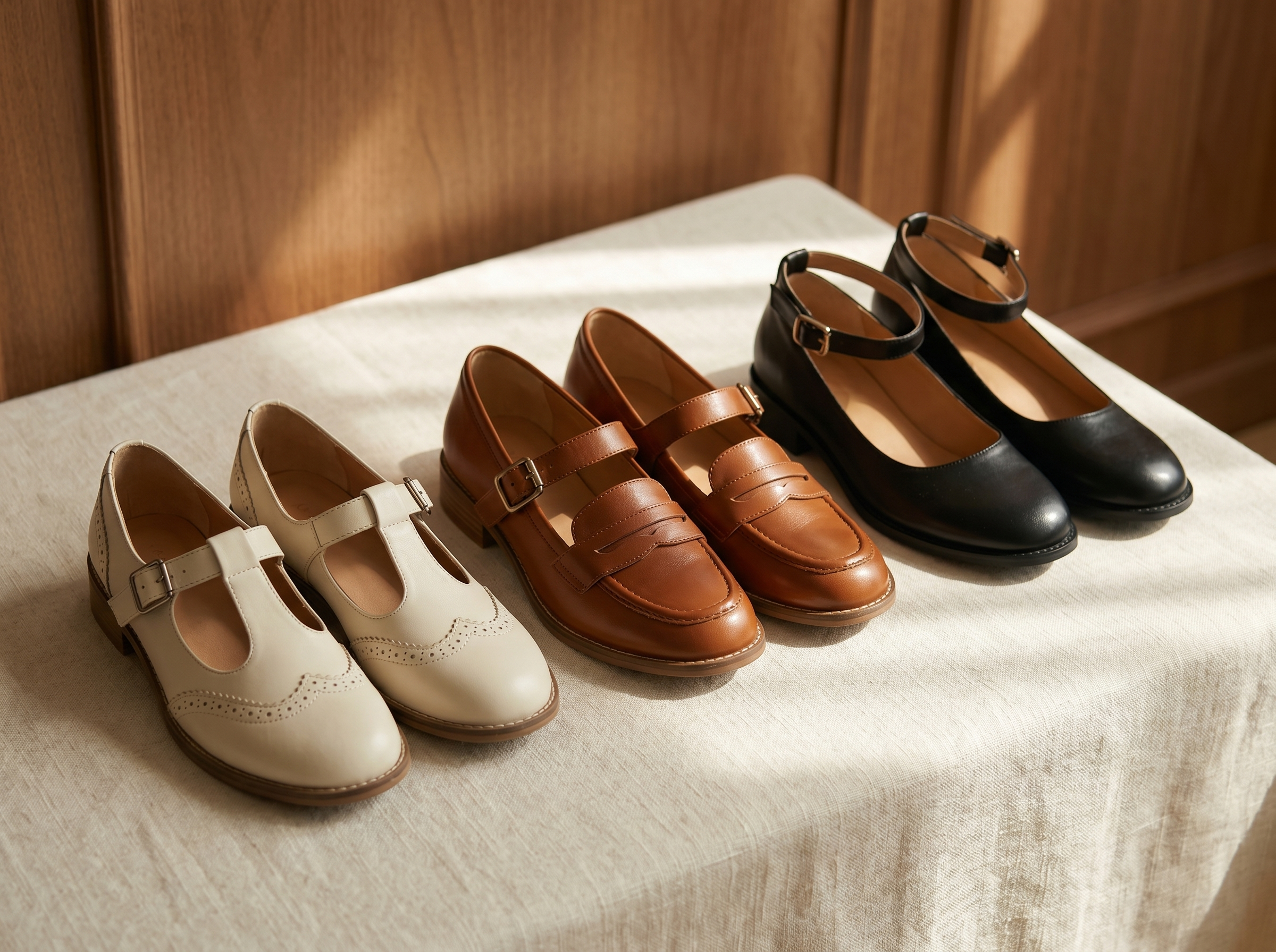Ambridge boutique - Mary Janes side angle on cream linen