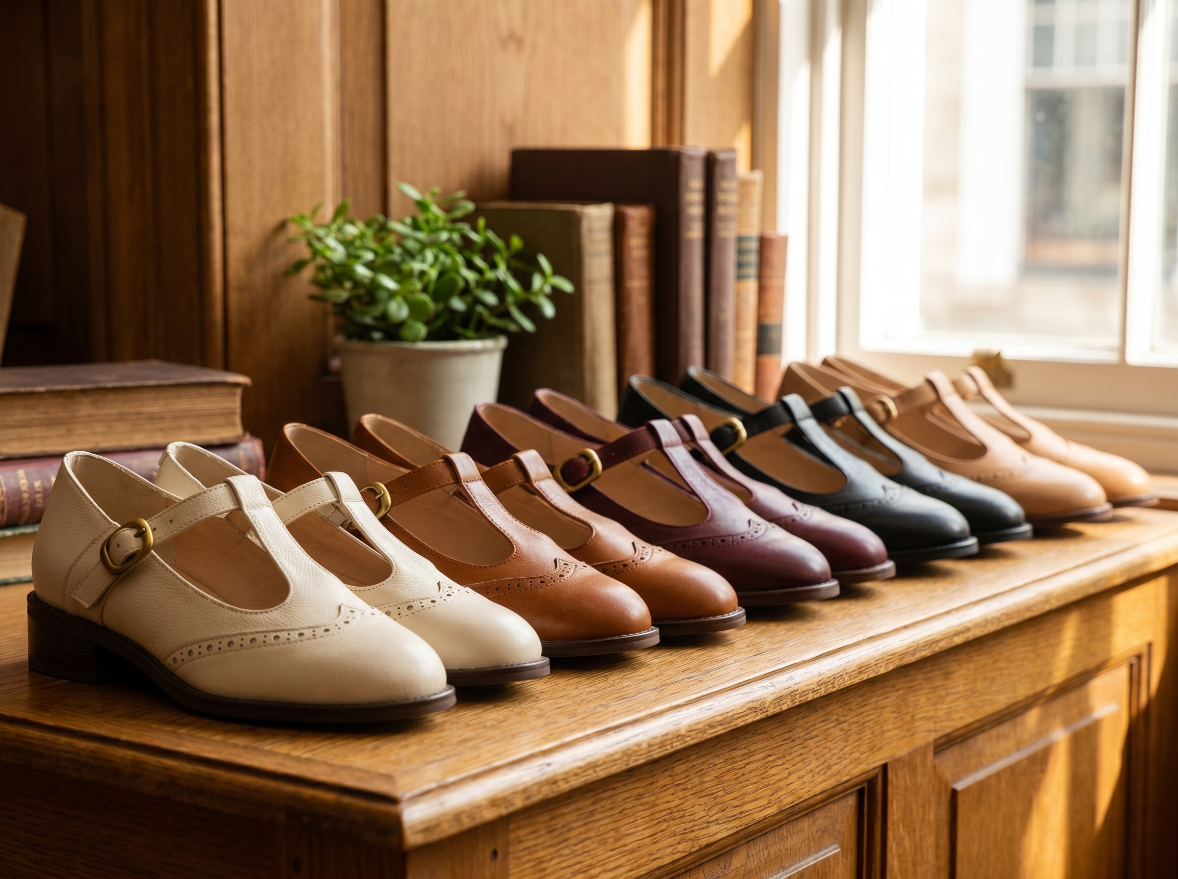 Ambridge boutique - Mary Janes lined up on oak shelf